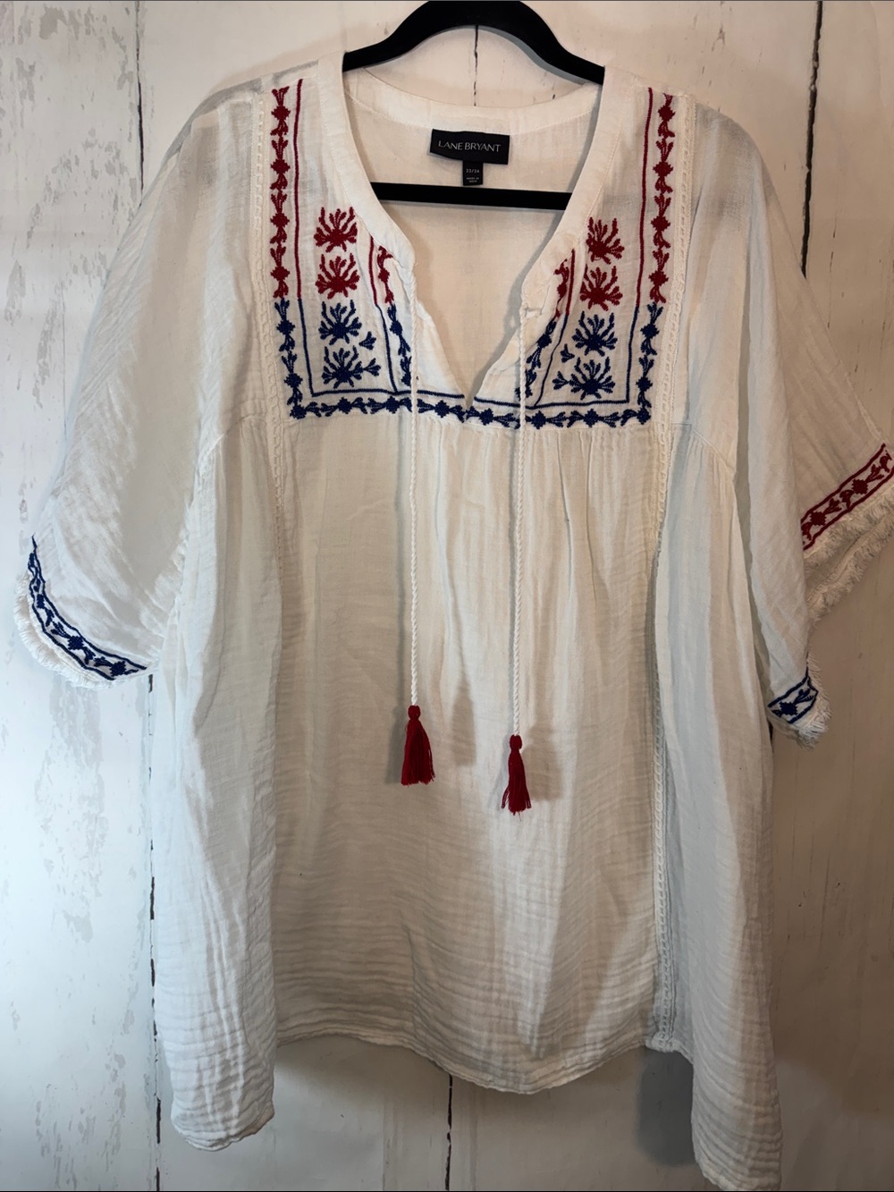 Lane Bryant White Gauze Embroidered Peasant Blouse with Red & Blue Trim